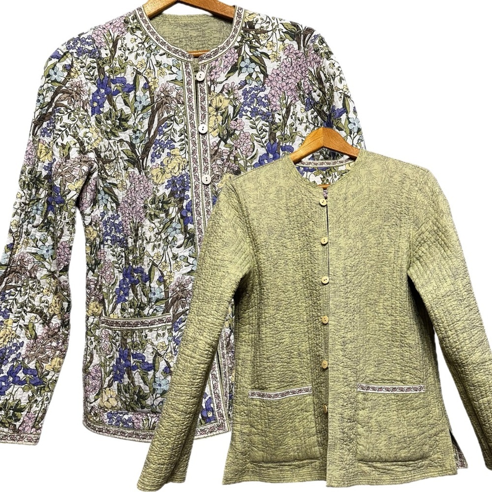Reversible Quilted Jacket Floral & Solid Green Lightweight Coat Sz M Cottagecore